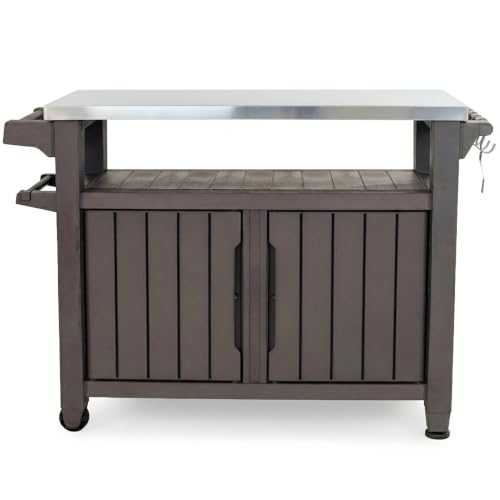 Outdoor prep table and storage cart with 78-gallon capacity, wheels, hooks, and weatherproof design for backyard entertaining