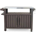 Outdoor prep table and storage cart with 78-gallon capacity, wheels, hooks, and weatherproof design for backyard entertaining