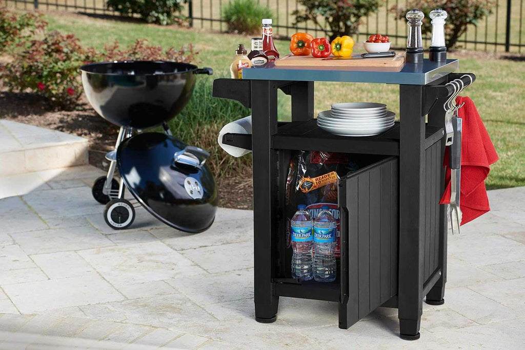 Outdoor garden kitchen food station with stainless steel top and storage cupboard on castors