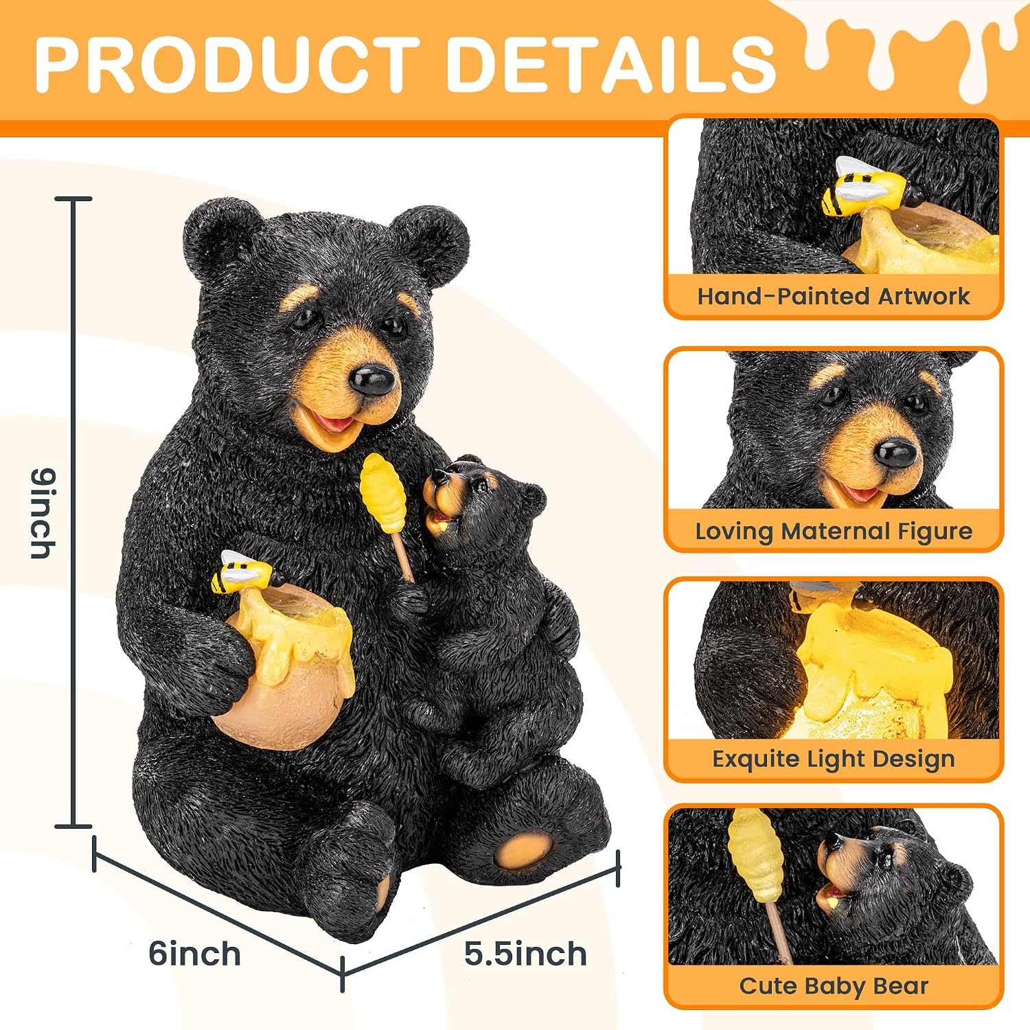 Hand-painted solar bear garden statue featuring mom and cub with glowing honey pot light