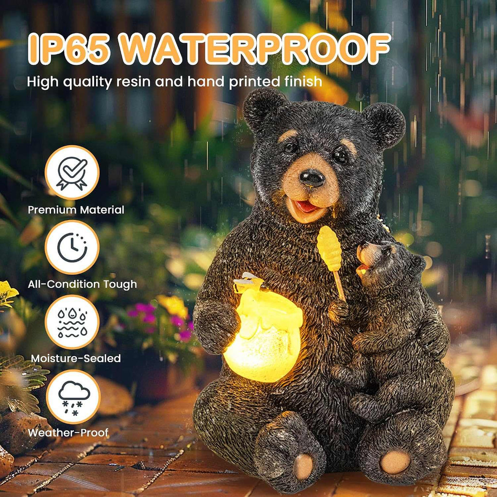 Hand-painted solar bear garden statue featuring mom and cub with solar-lit honey pot and detailed bees