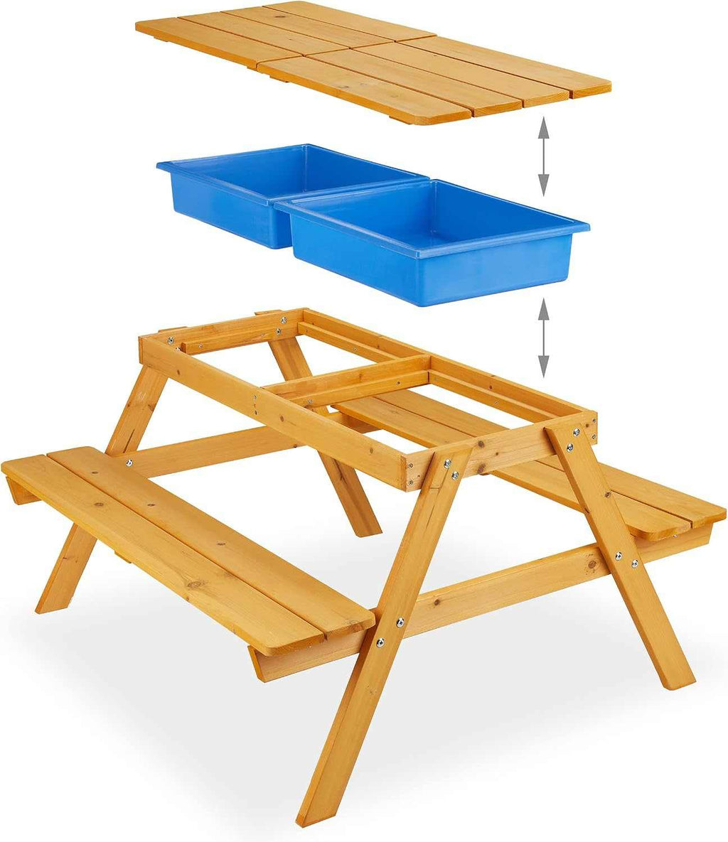 Kids garden picnic table with benches, parasol, and removable sand and water play tubs outdoors