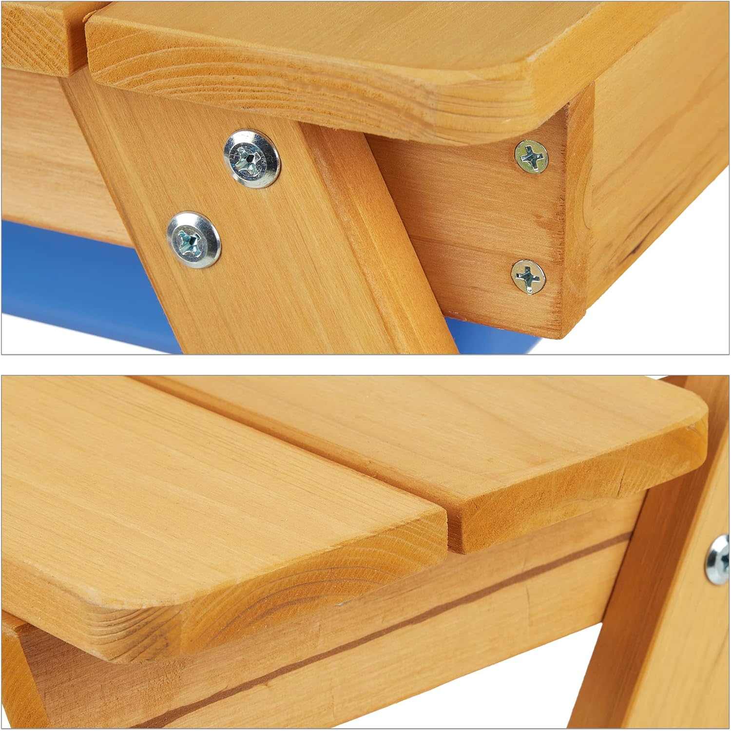 Kids garden picnic table with benches, parasol, and removable sand and water play tubs outdoors