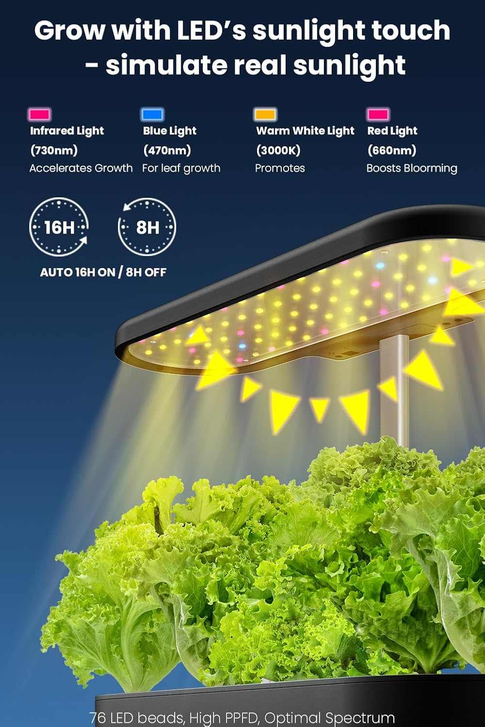 12-pod indoor hydroponic system with LED grow lights and large water tank for faster plant growth