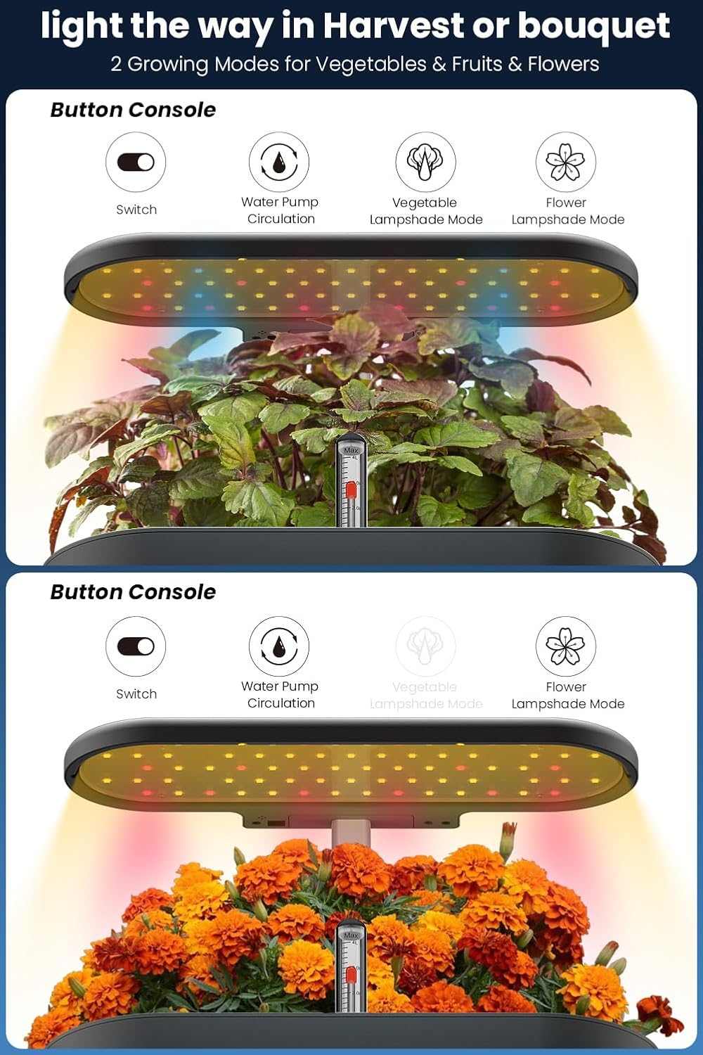 12-pod indoor hydroponic herb garden kit with LED grow lights and large water tank