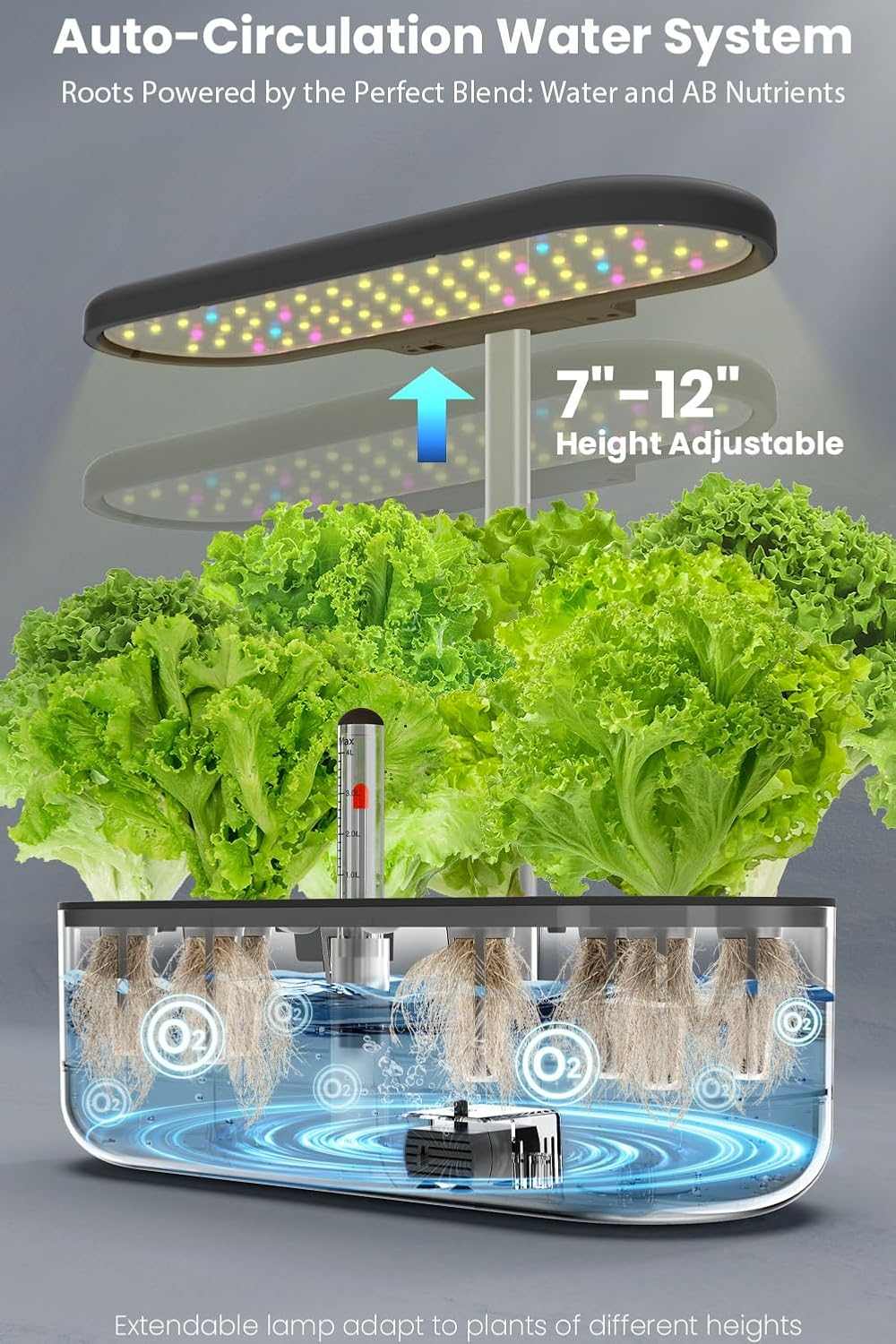 12-pod indoor hydroponic system with LED lights and large water tank for faster plant growth