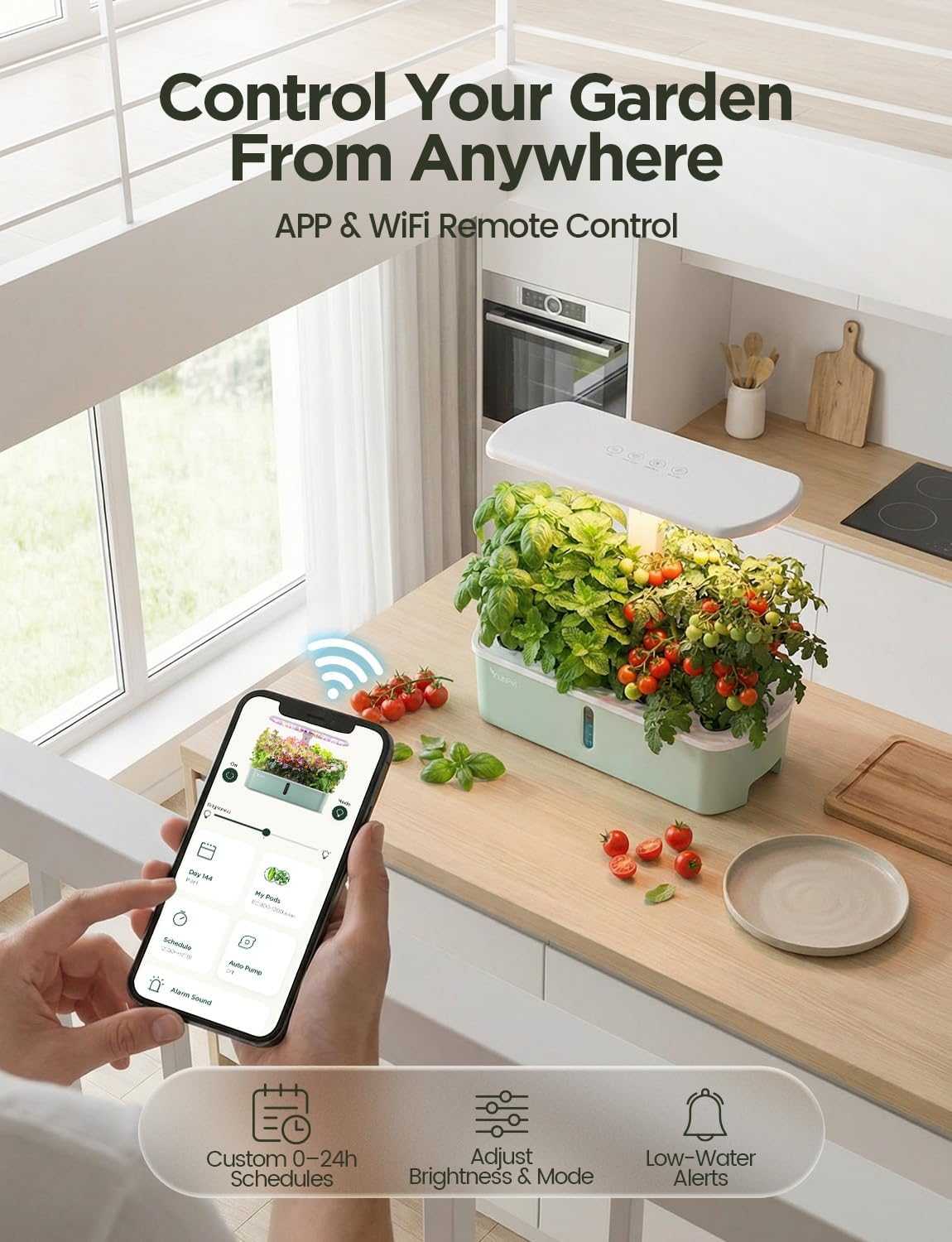 Smart hydroponic indoor garden with 10 pods, WiFi app control, and full spectrum LED lighting for fast plant growth