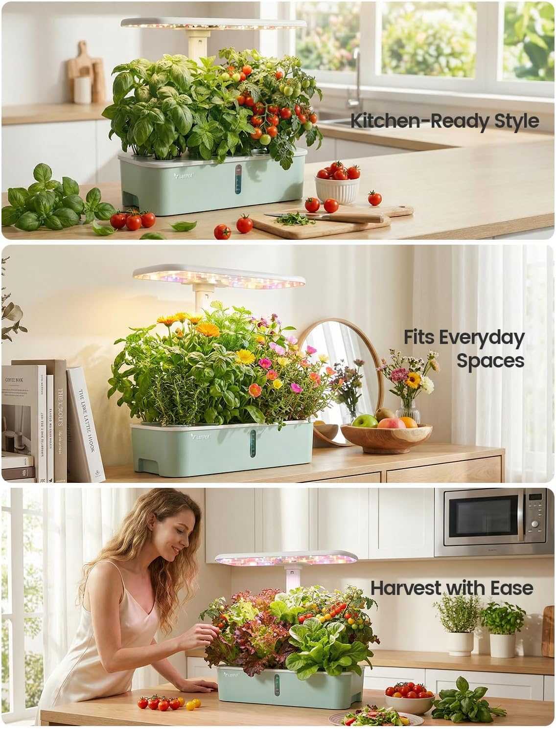 Smart hydroponic indoor garden with 10 pods, WiFi app control, and full spectrum LED lighting for faster plant growth.