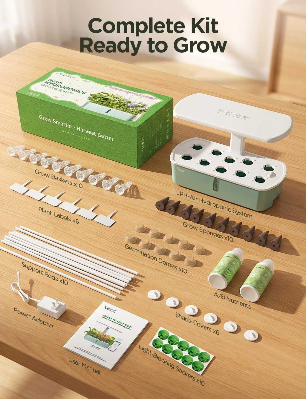 Smart hydroponic indoor garden with 10 pods, WiFi app control, and full spectrum LED lighting for fast plant growth.