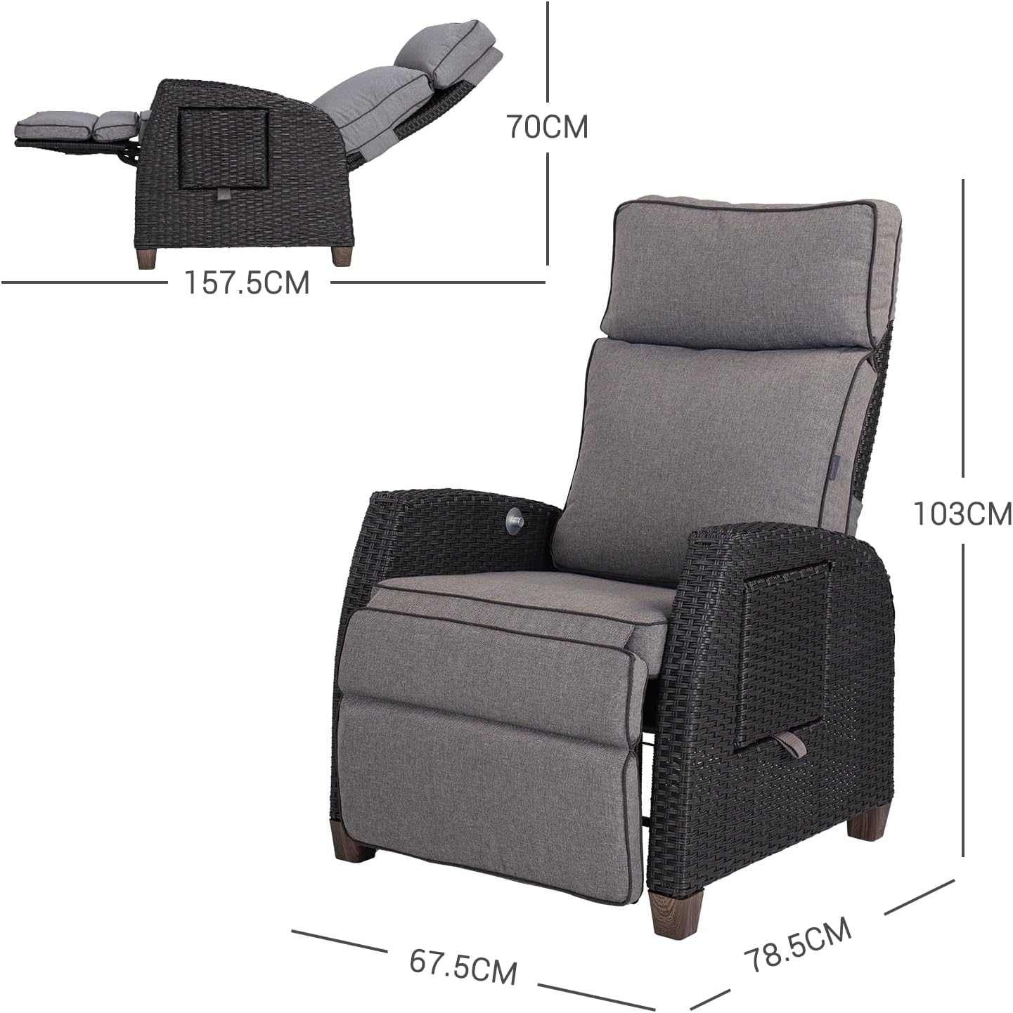 Outdoor reclining wicker lounge chair with cushion and flip-up side table on patio