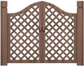 Double wooden garden gate with curved top and lattice design in a garden setting