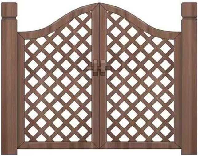 Double wooden garden gate with curved top and lattice design in a garden setting
